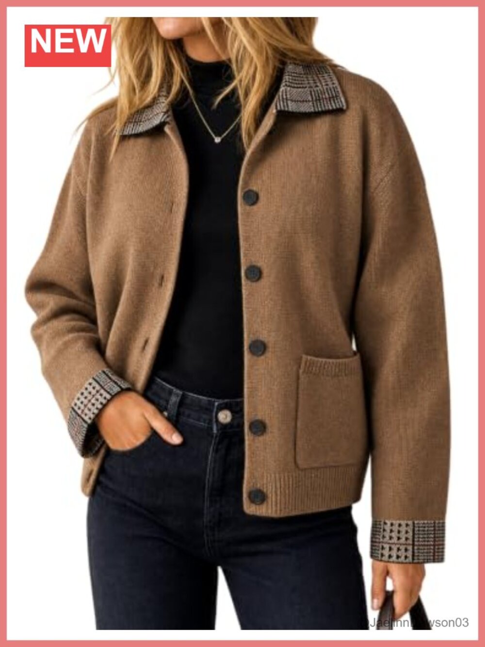 Women's Fall Button Down Knit Cardigan Jacket Plaid Collar